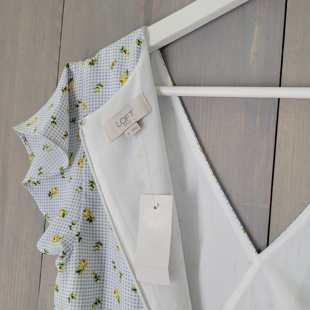 LOFT Wrap Dress Womens 0 Blue Gingham Yellow Floral Flutter Sleeve Ruffle NEW - Picture 8 of 10